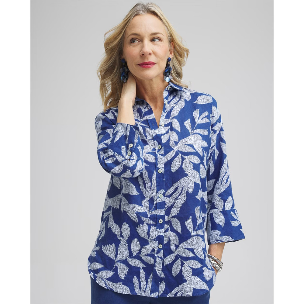 Chicos Evening Eclipse Linen Leaf Etching 3/4 Sleeve Shirt Blue Womens‎ Size 12